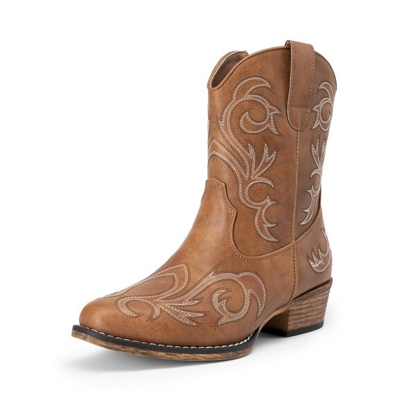 Women's Embroidered Western Ankle Boots Square Toe Chunky Heel Zipper
